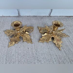 Vintage Brass Maple Leaf Candle Holders Pair Accolade India 6.5” Wide